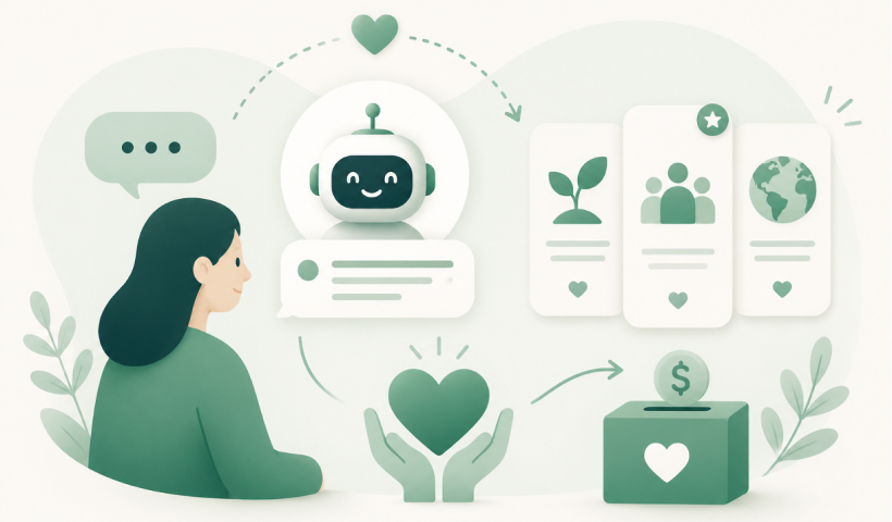 Illustration of a person using a conversational assistant to compare charitable organisations