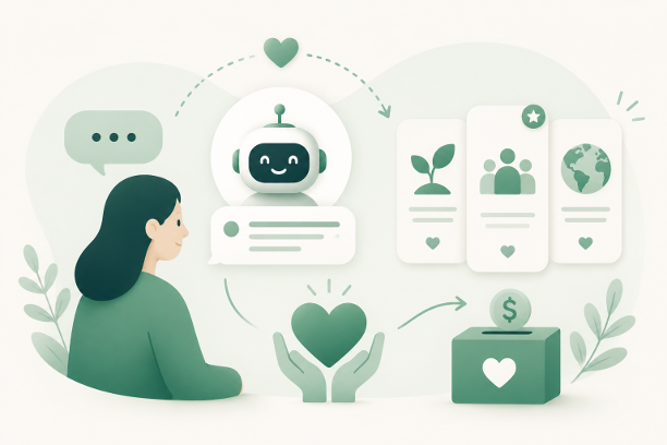 Illustration of a person using a conversational assistant to compare charitable organisations