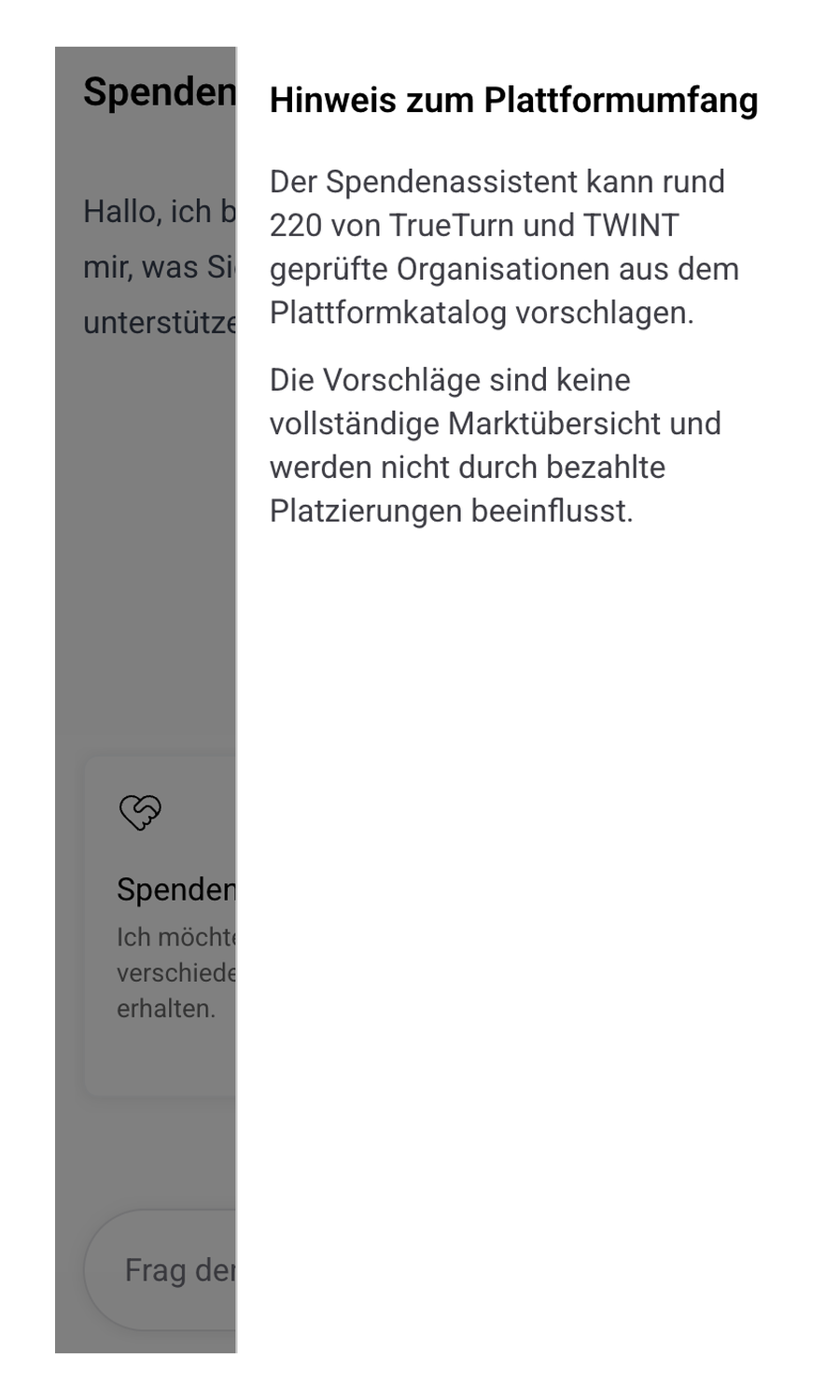Platform notice explaining the assistant's catalogue scope and paid placement status
